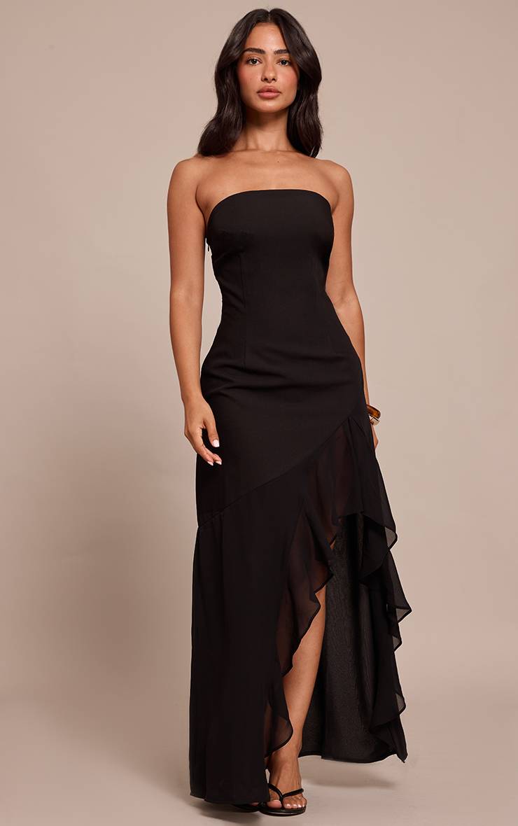 Noir Robe Bandeau Asymétrique À Volants Beige Petite