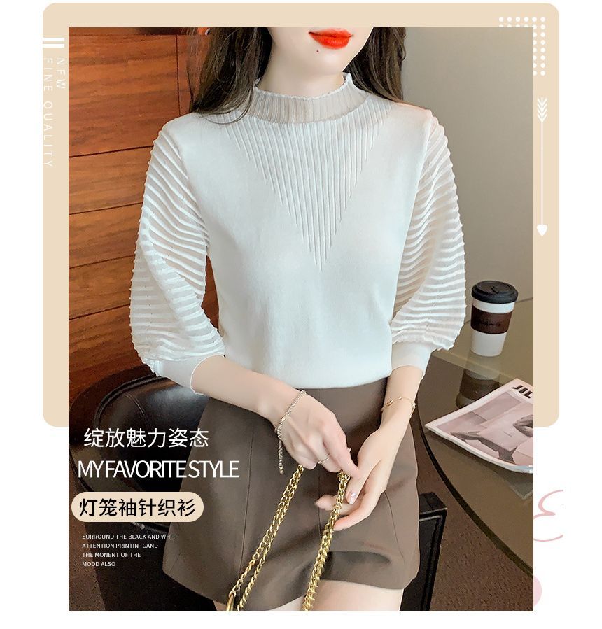 Yohana - Top met 3/4-mouwen en een mockneck, effen mesh-paneel