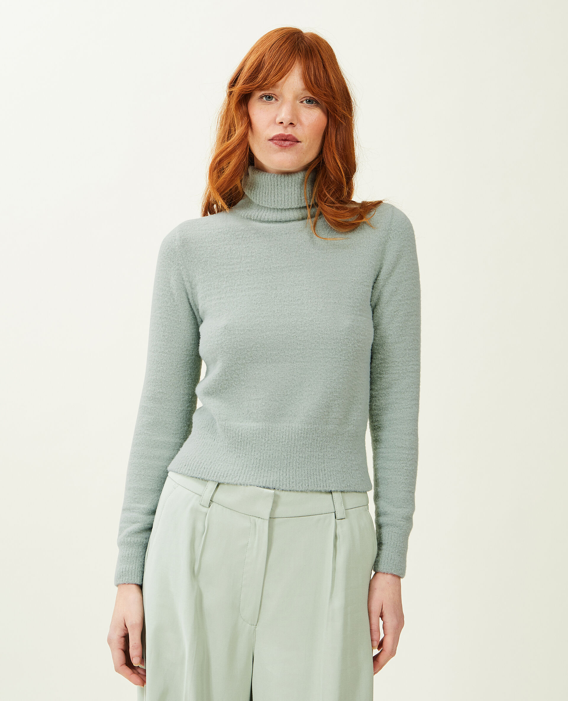 Pull col roulé maille fluffy - Vert