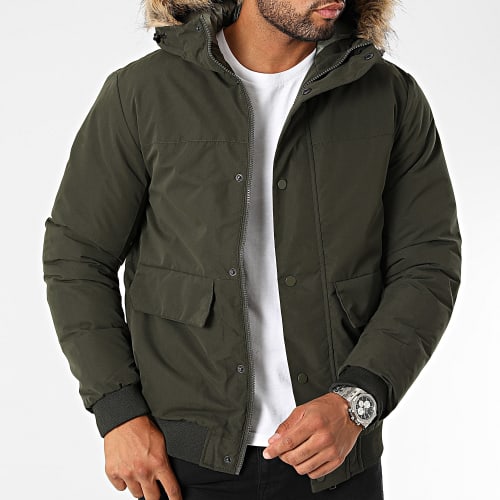 Doudoune Capuche Fourrure Champ Bomber Vert Kaki