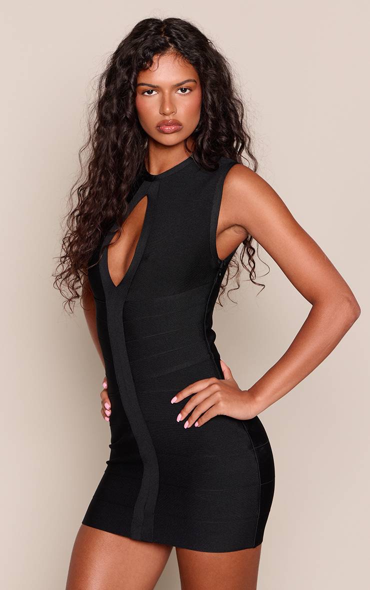 Noir Robe Mini Moulante Sans Manches À Découpe Goutte D'eau En Bandage