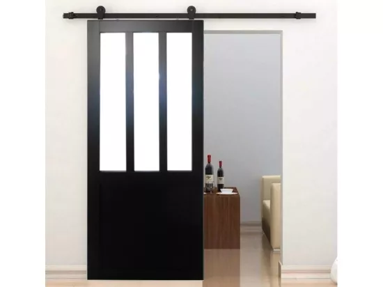 Porte Coulissante Atelier Noir Vitre Depoli H204 X L73 + Rail A Roulettes Et 2 Coquilles Gd Menuiseries