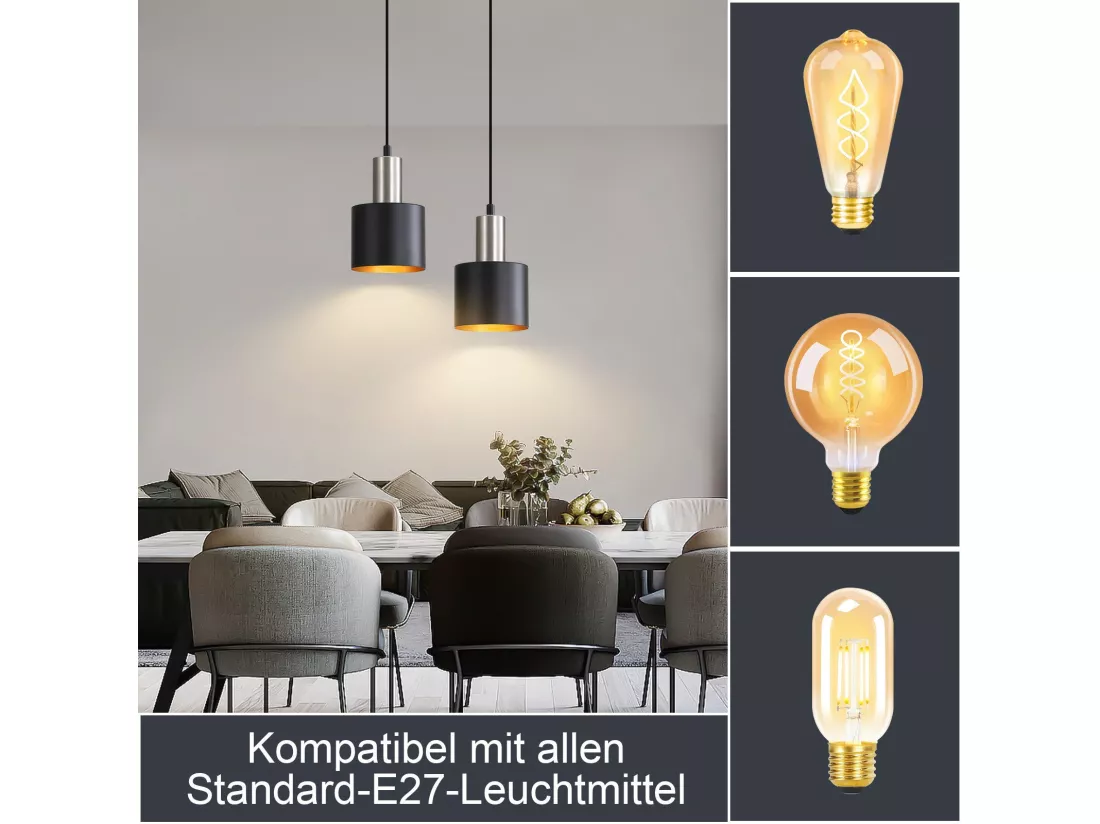 NETTLIFE Suspension table à manger E27 lampe suspendue vintage suspendue 2 ampoules noir doré