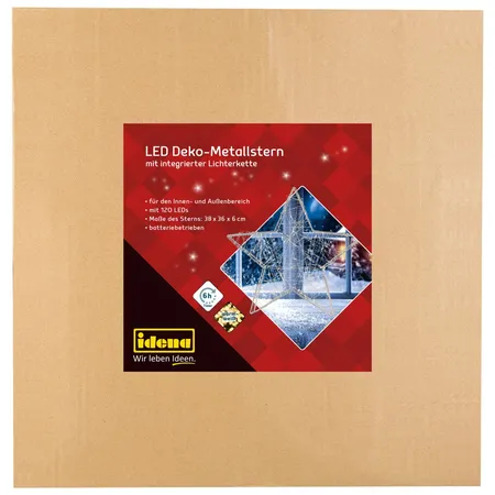 Idena LED Deko-Metallstern mit 120er Lichterkette, 38 x 36 x 6 cm, warmweiß, für innen und außen, batteriebetrieben