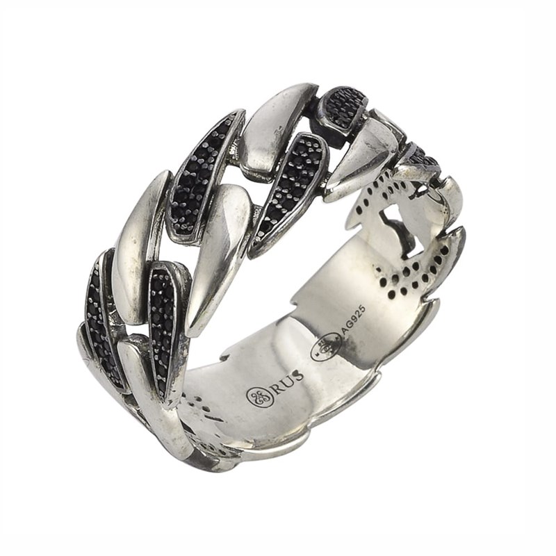 Bague Homme Argent Chaine Moderne Sertie Zirconium Noir
