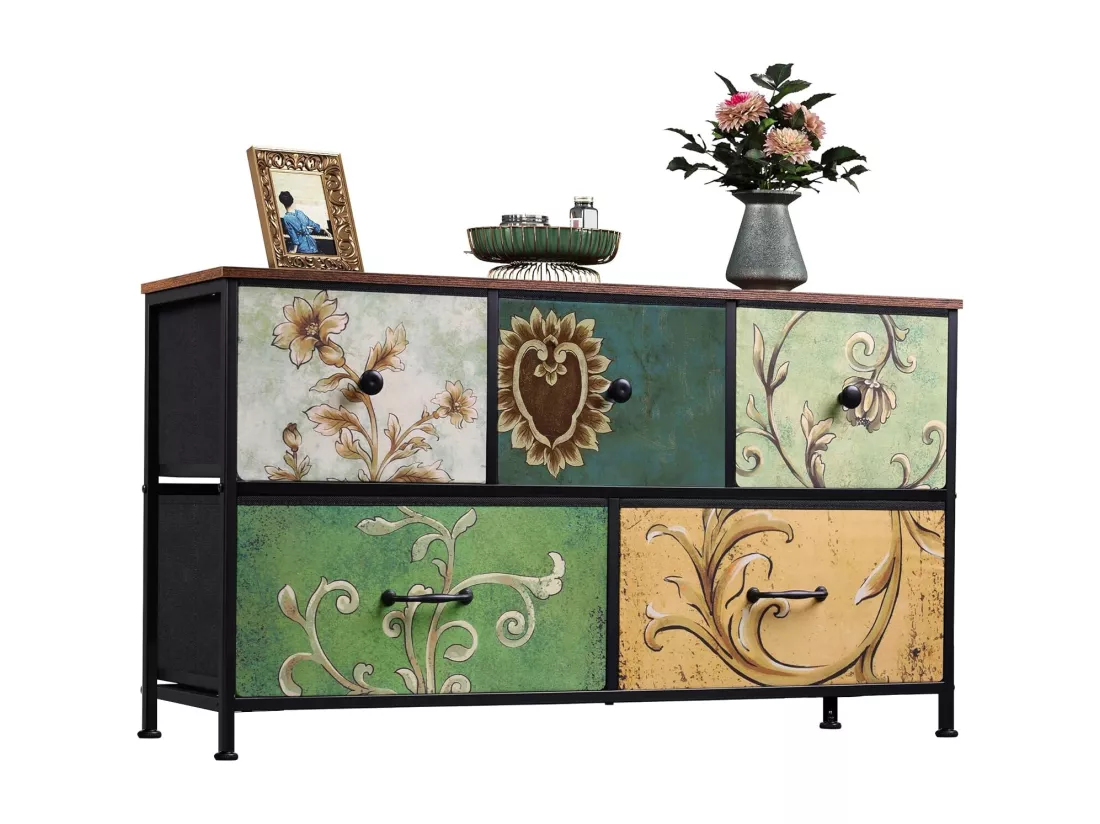 Commode 100 cm, avec 5 tiroirs de rangement, motif vintage - Multicouleur