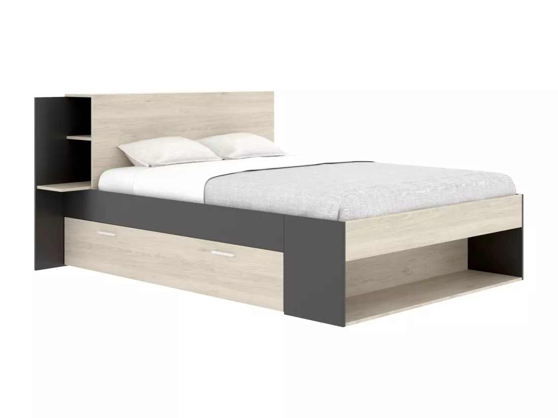 Lit 140 x 190 cm avec rangements - Coloris : Naturel et noir - KEROSIA