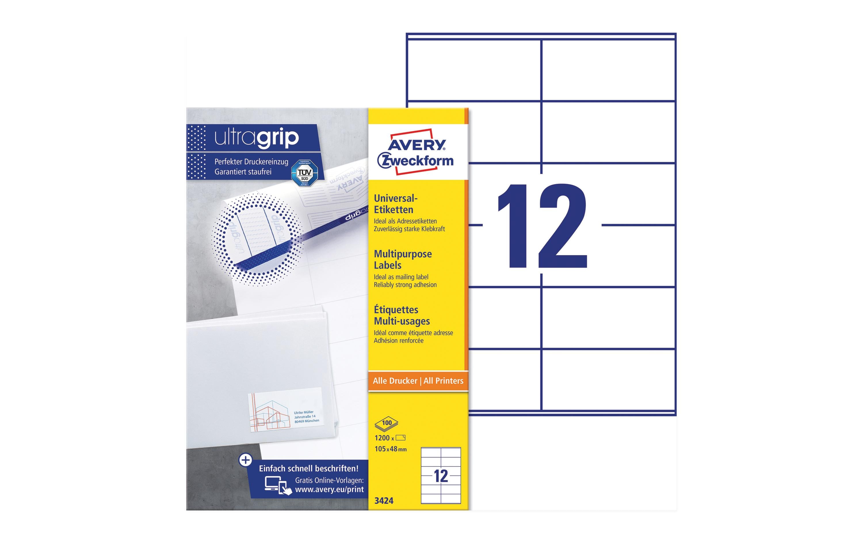 Universal-Etiketten 3424 105 x 48 mm, 100 BlattWeisse Aufkleber, permanent haftend