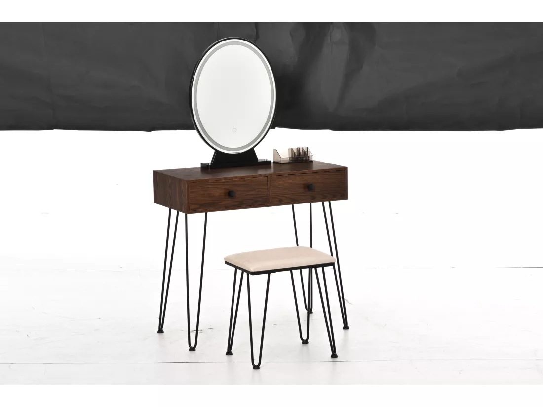 Coiffeuse design - miroir LED intégré - 2 tiroirs + 1 organisateur - tabouret inclus - métal noir MDF imitation bois noyer foncé