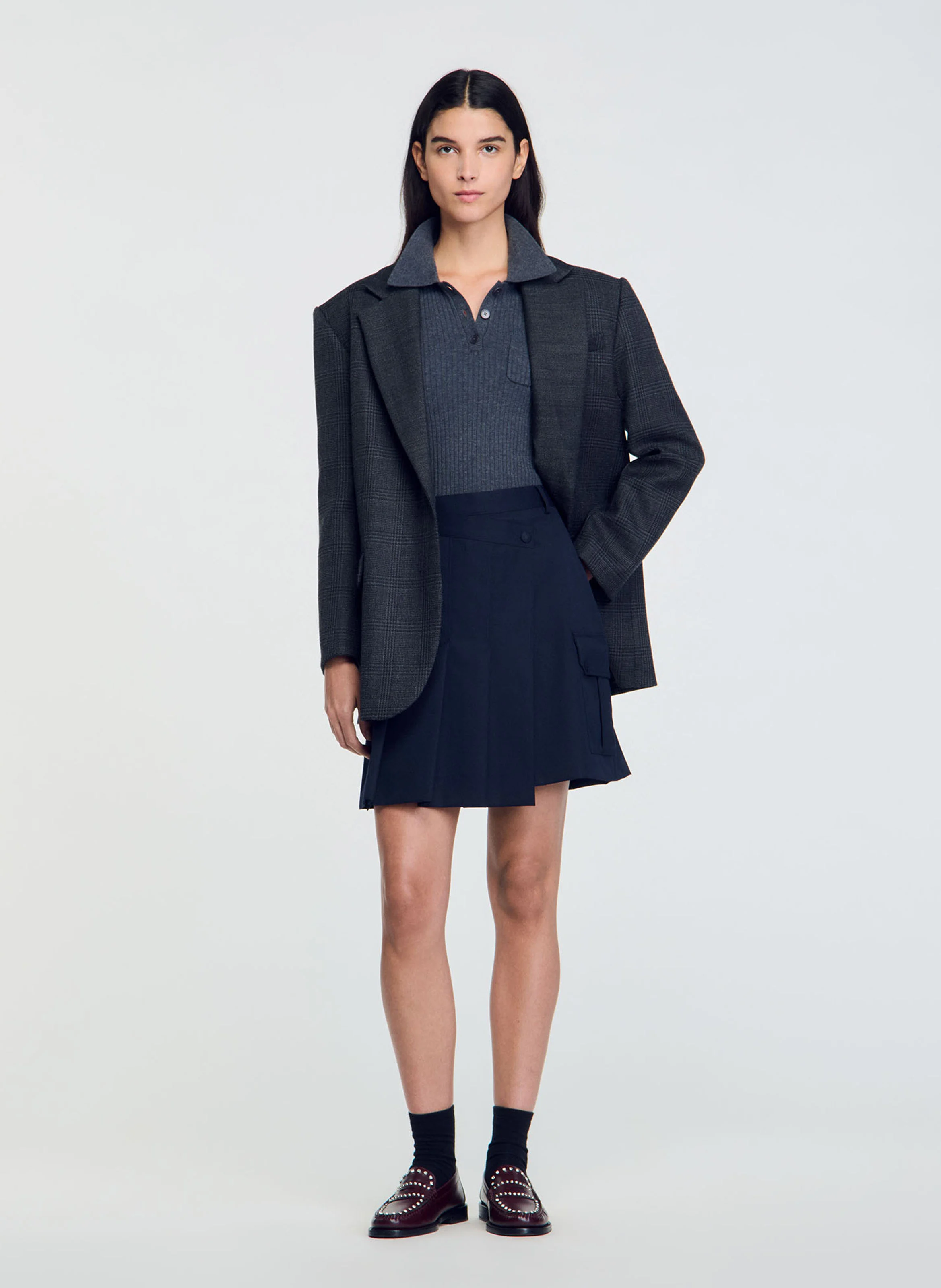 Pull col polo droit en maille | Gris