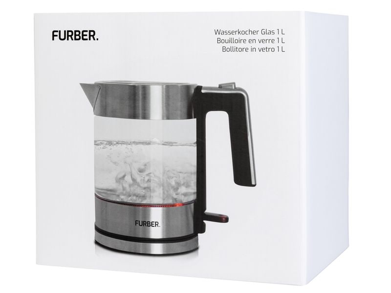 FURBER Wasserkocher Vetro 1 l, Silber/Transparent Wasserkocher mit 360°-Sockel mit Kabelaufwicklung