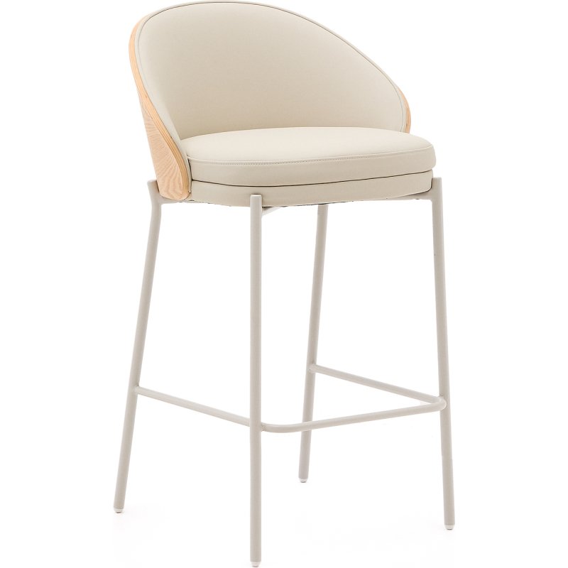 Tabouret Eamy en cuir synthétique beige, placage de frêne avec finition naturelle et métal hauteur 86 cm