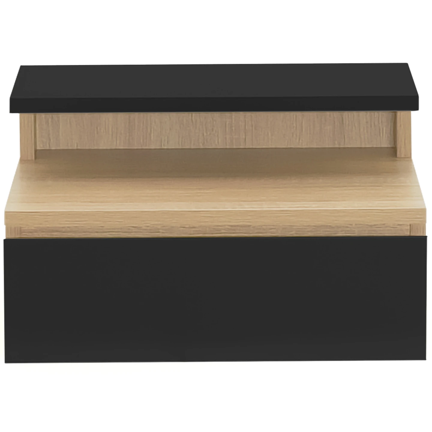 Lot de 2 tables de chevet murales TOMI 1 tiroir + 1 tablette étagère suspendue + 1 tablette façon hêtre et noir