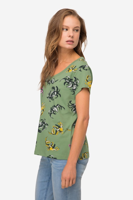 T-Shirt, Krabben Print, V-Ausschnitt, Halbarm