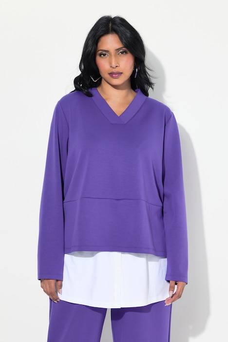 Sweatshirt, Bluseneinsatz, V-Ausschnitt, Langarm