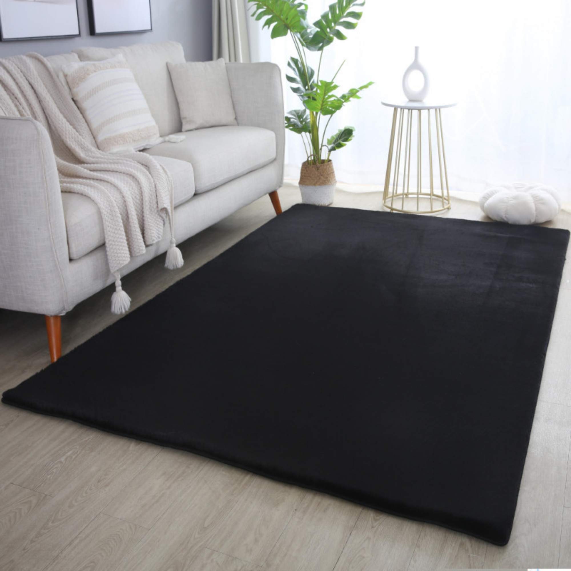 Weicher Hochflor Teppich Wohnzimmer Einfarbig, Felloptik, Flauschig, Rutschfest,