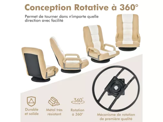 Fauteuil Pliable de Sol, Chaise de Jeu avec Dossier Réglable sur 6 Positions et Base Pivotante à 360°, Cadre en Métal Robuste (Brun Clair)