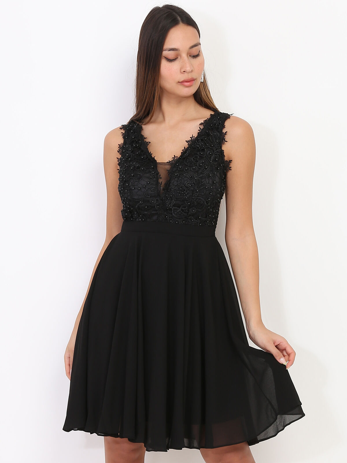 Robe patineuse broderie et perles grandes tailles- Noir