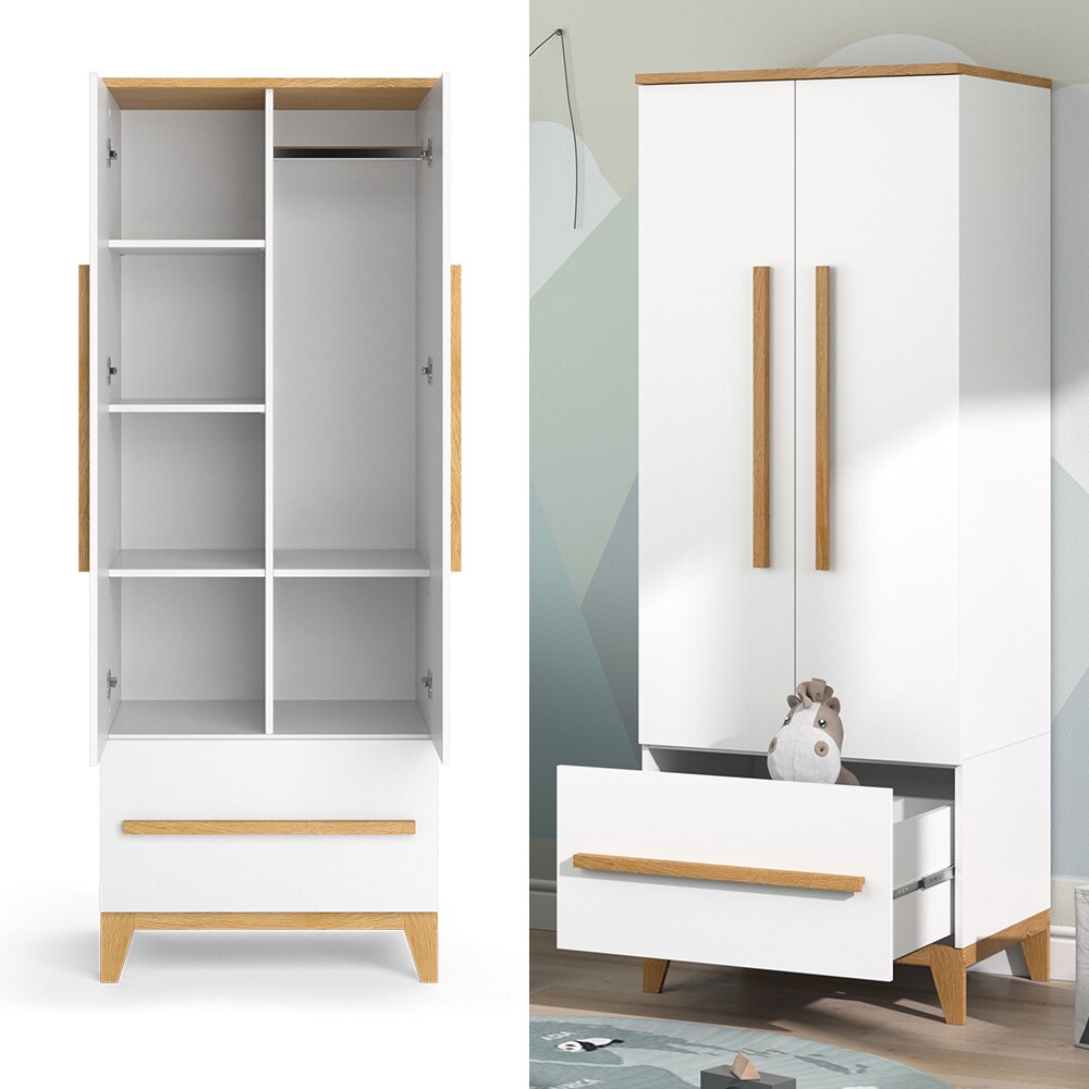VitaliSpa Kleiderschrank Kinderzimmerschrank Aufbewahrungsschrank Malia Weiß Eiche modern 70x187 cm Kinderzimmer Möbel Babymöbel Schublade Tür Fach Kleiderstange Ablage Babyzimmerschrank