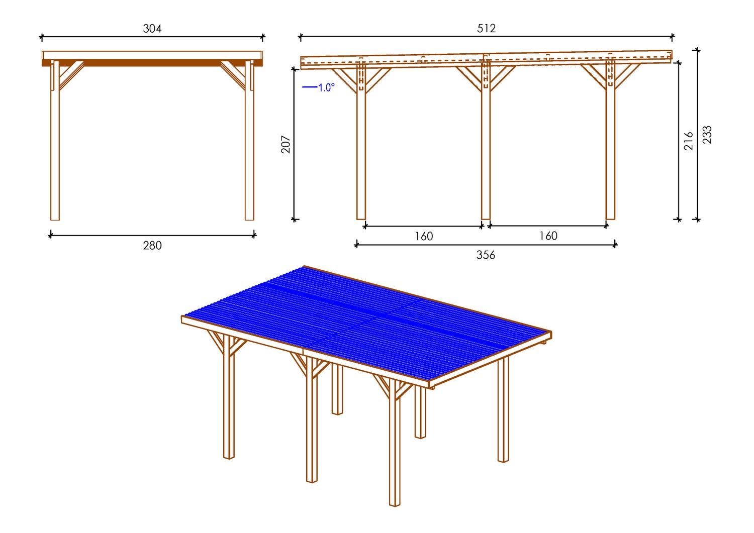 Carport garage dak 3,04x5,12 m - 15,56 m2 - PVC bekleding