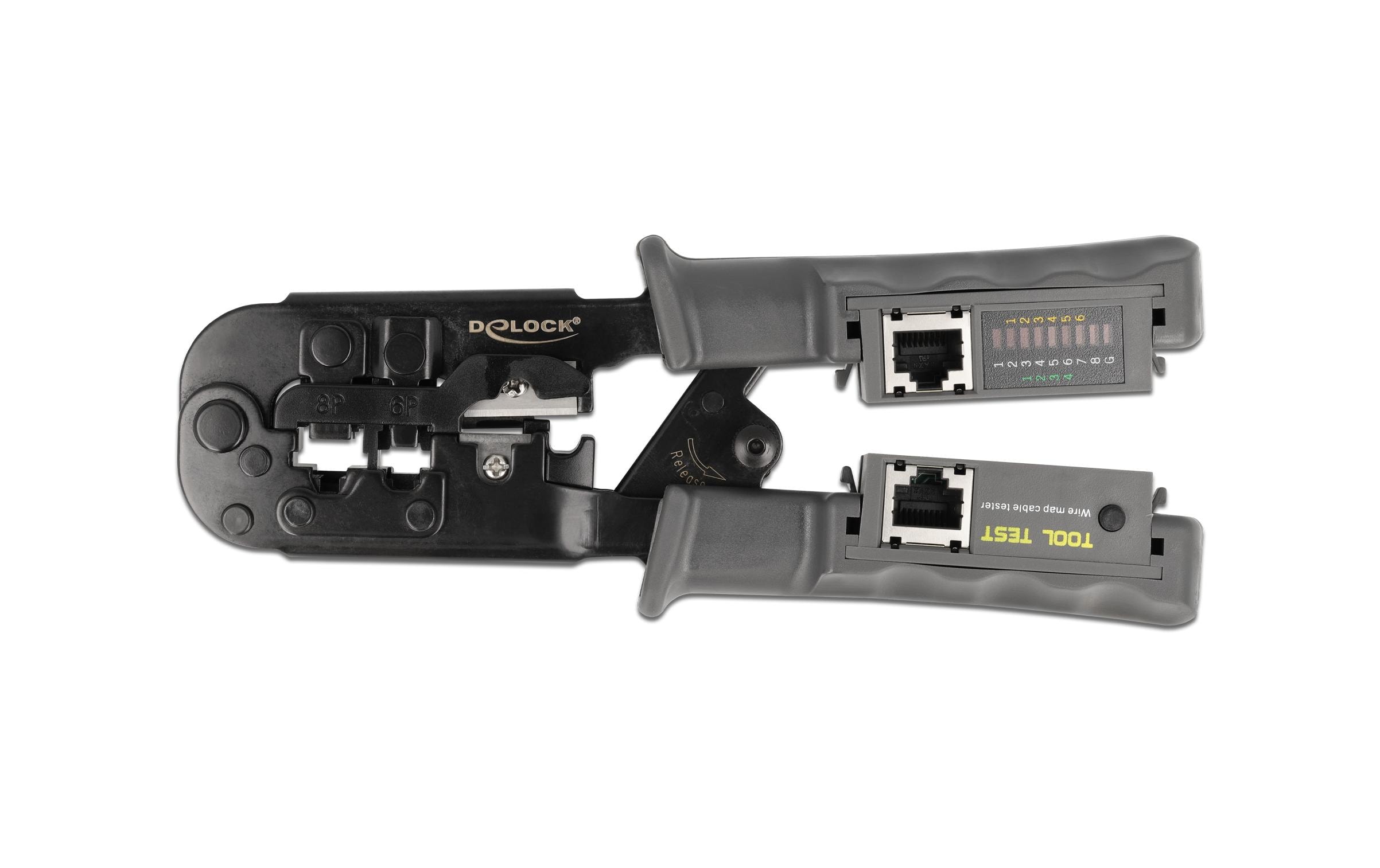 Crimpzange mit Abisolierer und NetzwerktesterCrimpzange mit Abisolierer und Netzwerktester für 8P (RJ45), 6P (RJ12/11) oder 4P (RJ10) Stecker