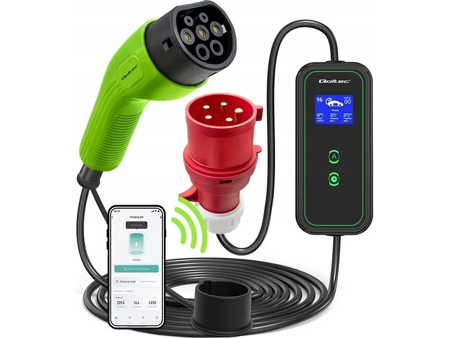 Qoltec mobil EV-oplader med justerbar 2in1 Type2 | 11kW | CEE 5 PIN | Wi-fi | LCD | 3 faser | Bærbar | Wallbox | 5m