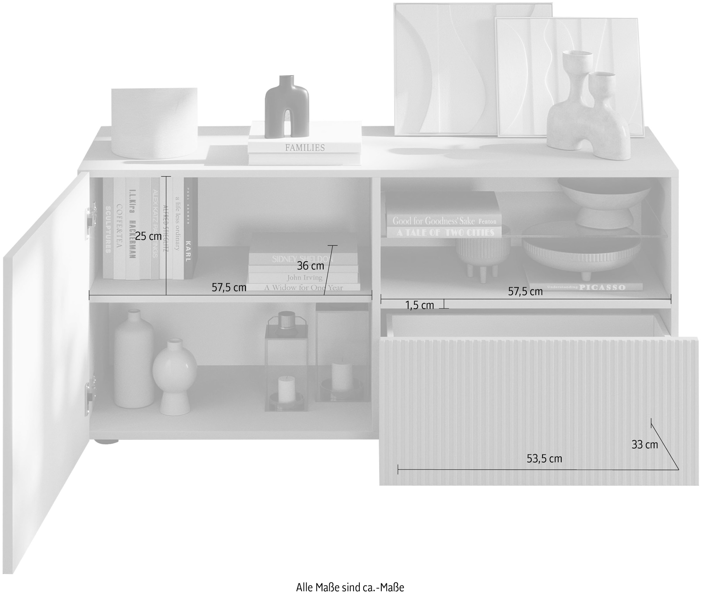 INOSIGN Lowboard »Rio Breite 120 cm, TV-Board 1 Tür u. 1 Schubkasten, TV-Schrank« geriffelte MDF-Fronten, modern u. elegant, Kabelführung, platzsparend