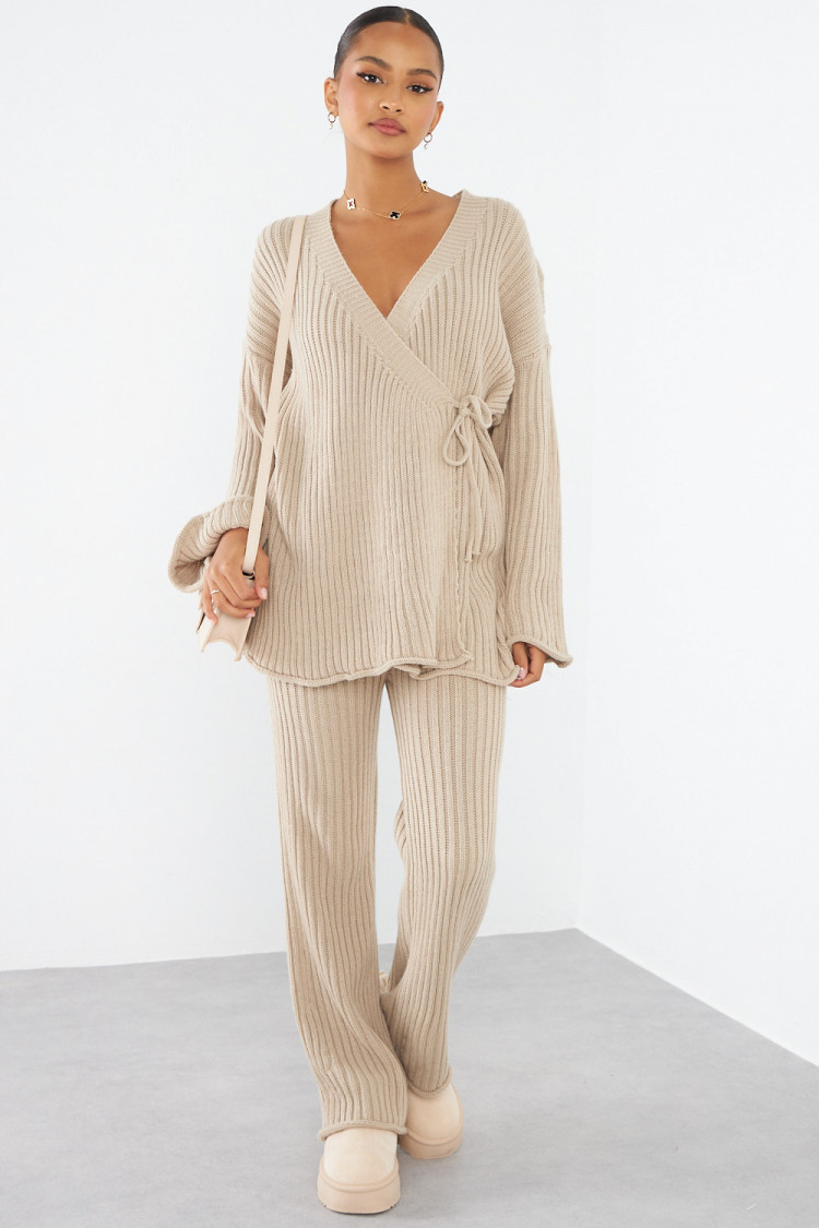 Ensemble 2 pièces gilet croisé + pantalon beige foncé en maille