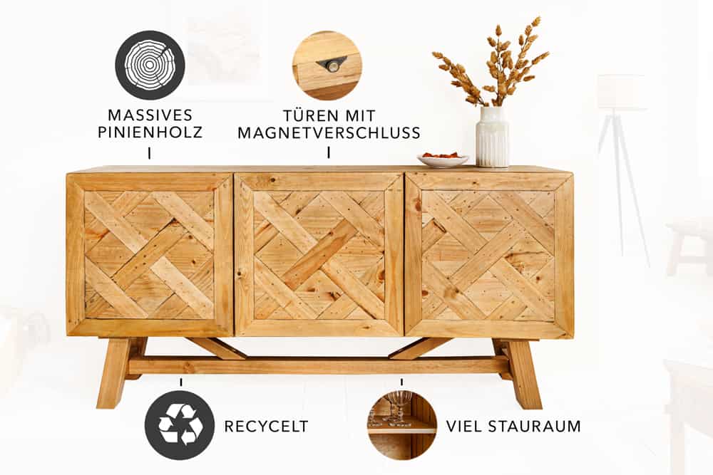 Massives Sideboard RIVIERA 155cm natur recyceltes Pinienholz Bohlenoptik