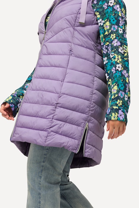 Long-Steppweste, Kapuze, Seiten-Zipper, Stehkragen
