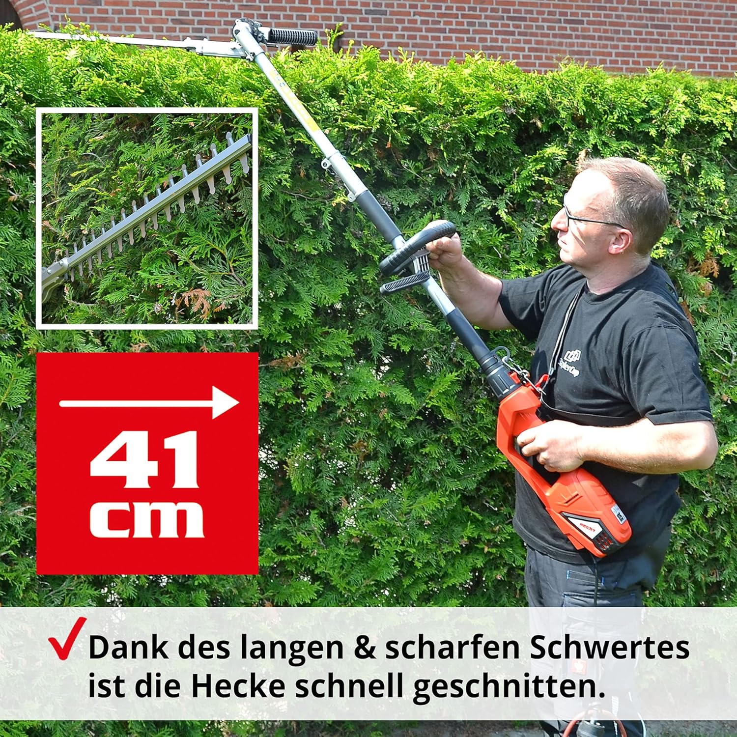 Hecht Profi Elektro Teleskopheckenschere elektrisch mit Star-Ken 900 Watt – Mit Teleskopstiel, abwinkelbarem Kopf und Tragegurt – Für einen schönen Schnitt Ihrer Hecken und Sträucher