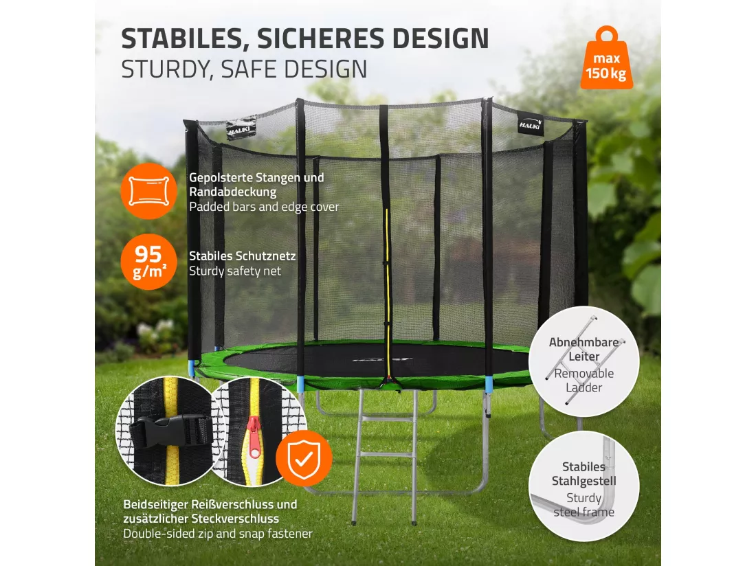 Hauki Trampoline Outdoor, Ø366 cm, vert, certifié GS, trampoline de jardin rond pour enfants jusqu'à 150 kg, set complet avec filet de sécurité, échelle, couverture des bords, barres rembourrées, trampoline stable pour enfants