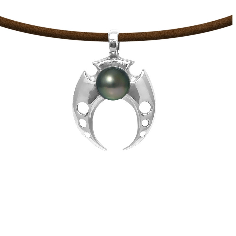 Collier Pendentif Homme Tribal en Cuir marron, Perle de Tahiti et Argent Massif 925