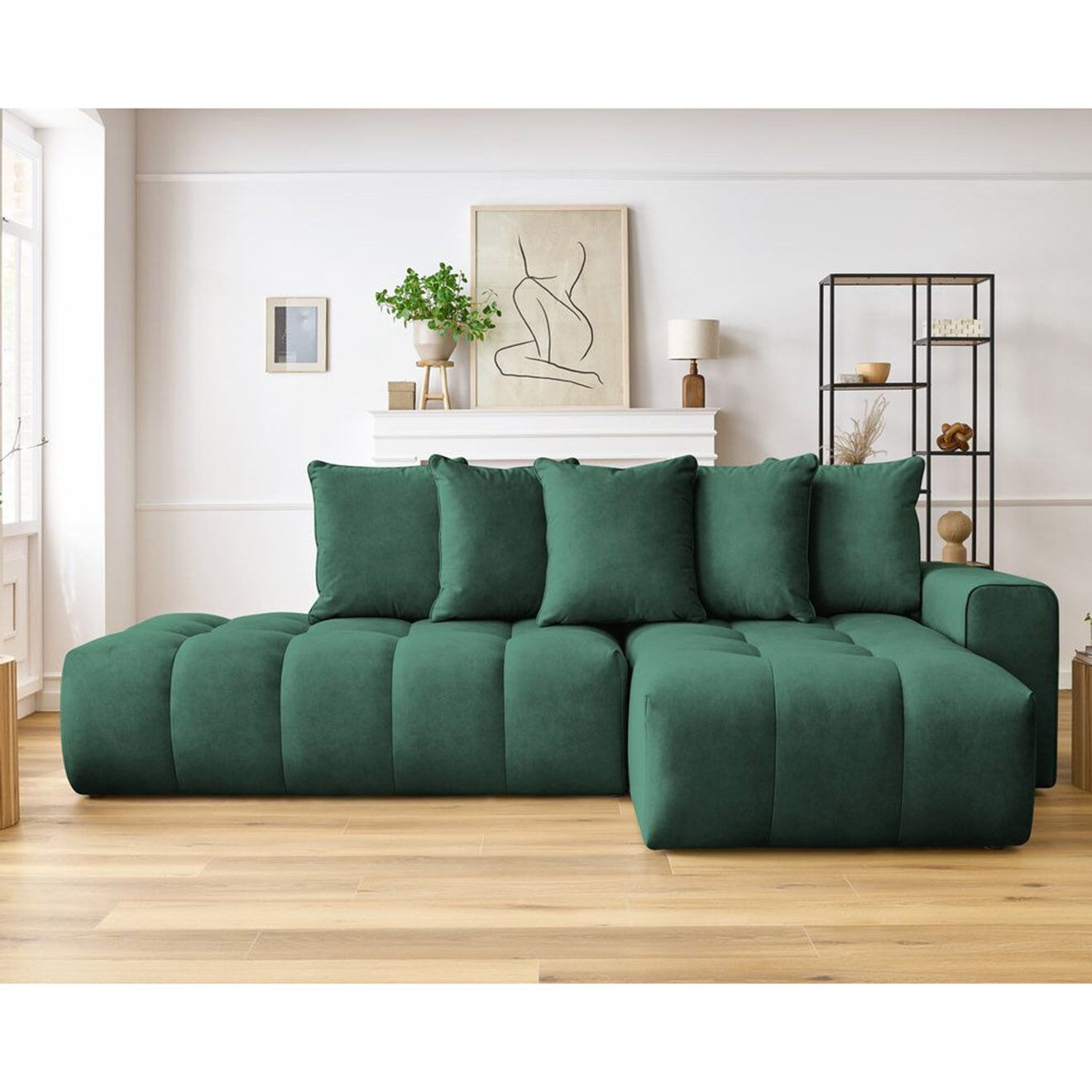 Bobochic Canapé d'angle fixe mont-blanc velours angle droit vert - 313x176x97 cm
