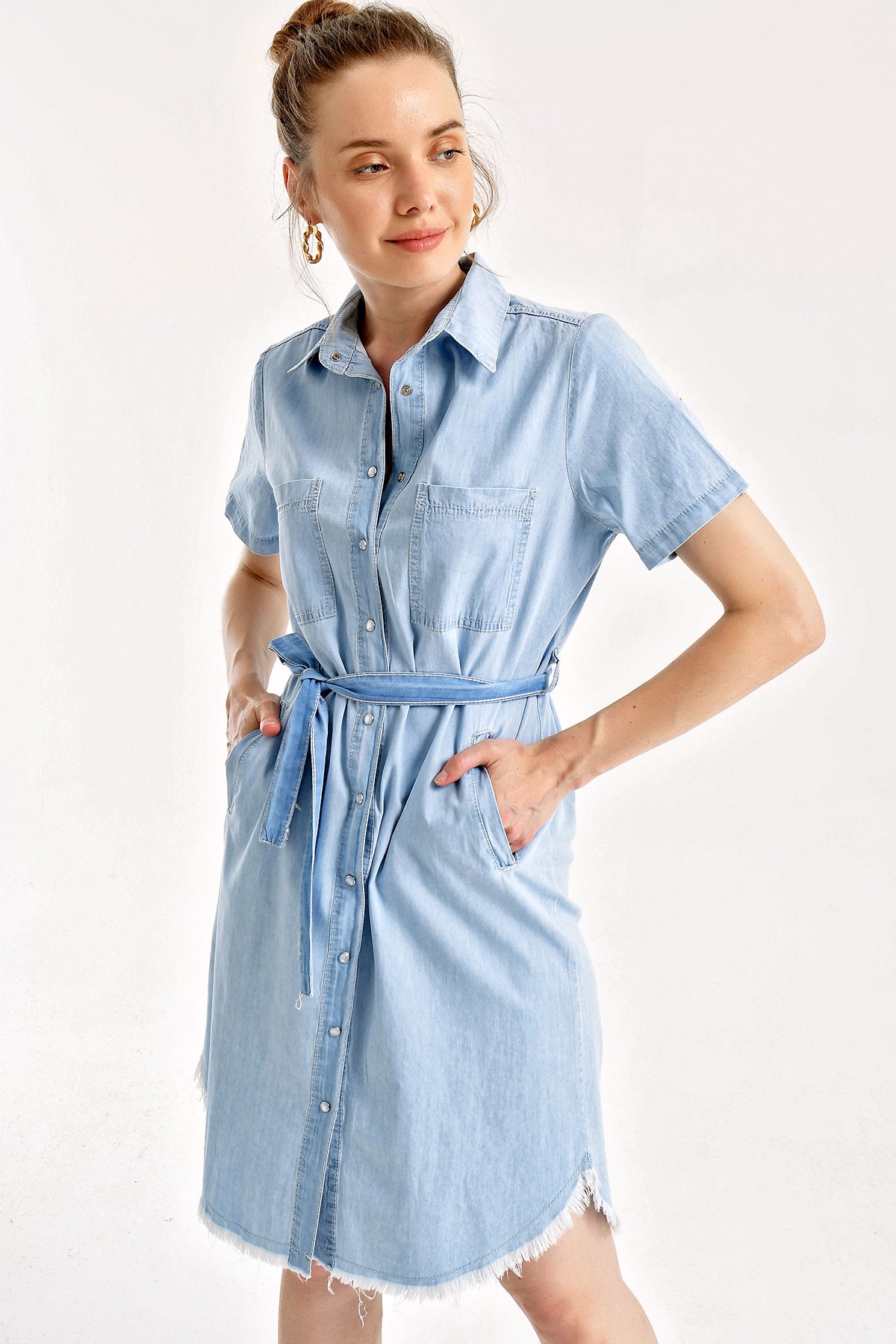 MT Clothes P-ROB_DENIM_BLE - Robe Denim avec Ceinture à la Taille