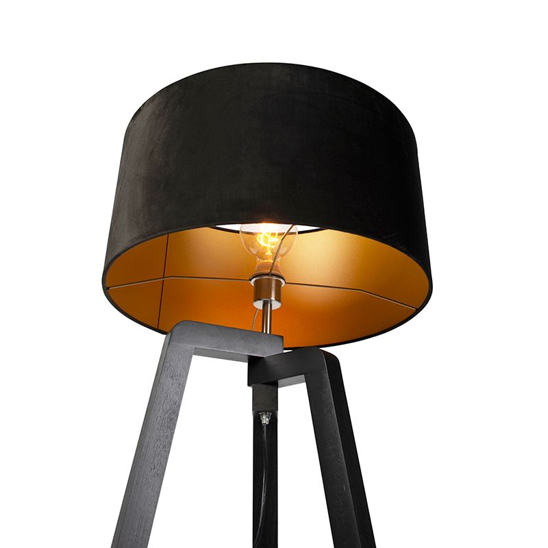Vloerlamp tripod zwart hout met zwarte kap 50 cm - Puros