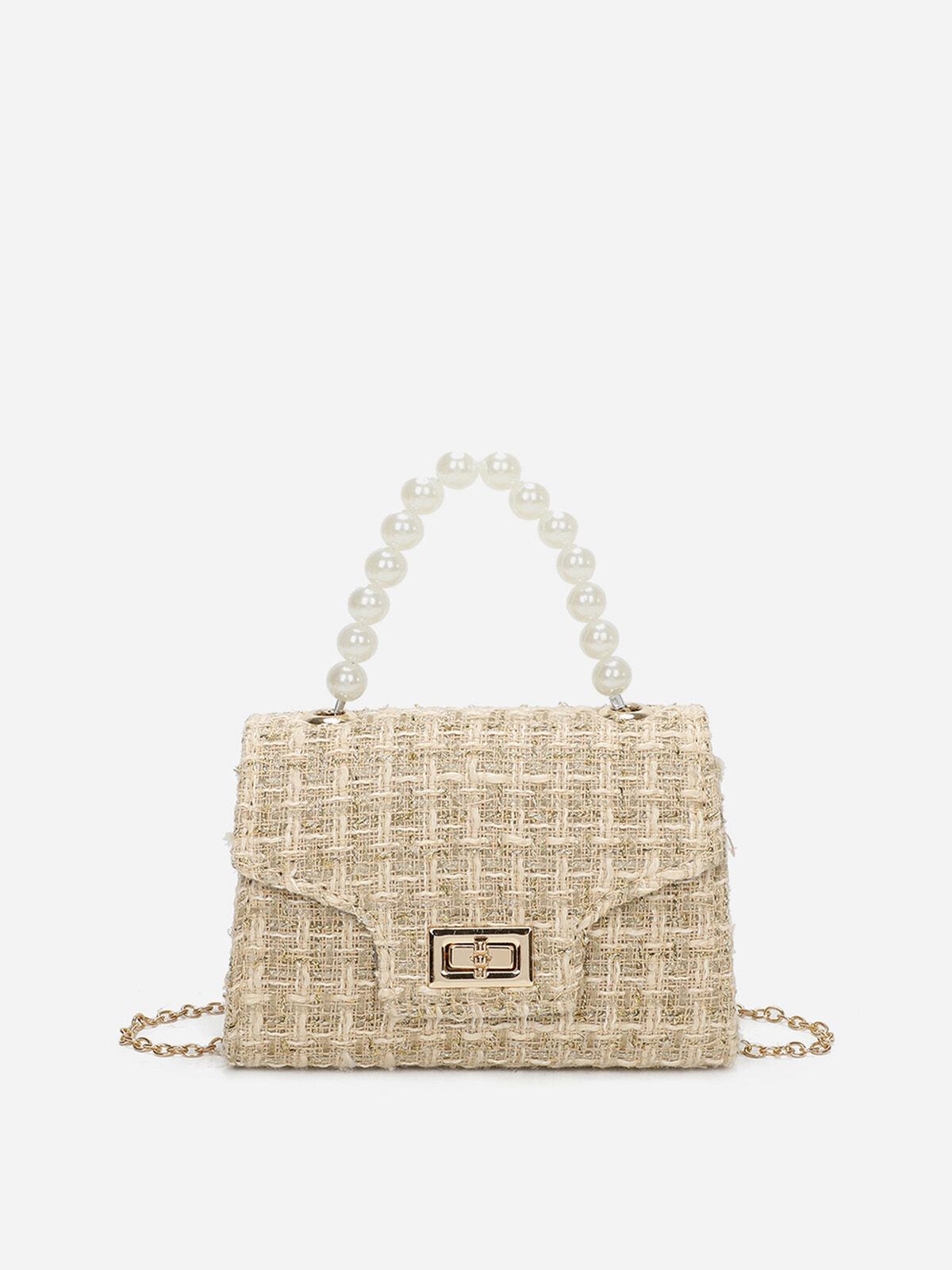 Petit sac en tweed à perles- Beige