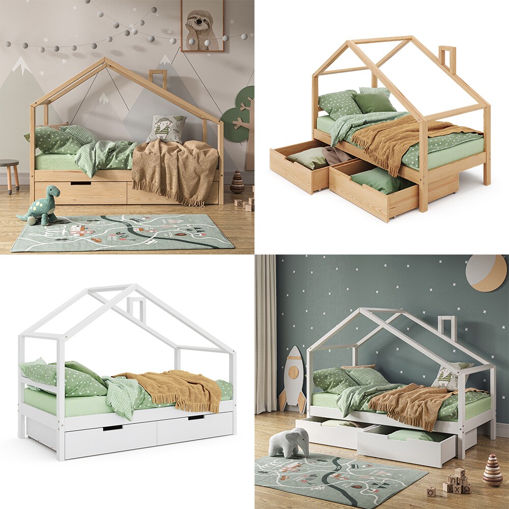 VitaliSpa Kinderbett Lori 160x80cm Natur Hausbett inkl. Matratze & Schublade