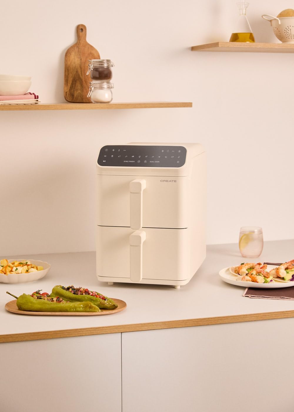 CREATE/AIR FRYER DUAL STACK/Luftfritteuse mit doppelter Höhe und unabhängiger Steuerung 11,2L Cremeweiß/Fassungsvermögen 9–10 Portionen, 10 Programme, Dual Cook, Touchpanel, 2600–3000W