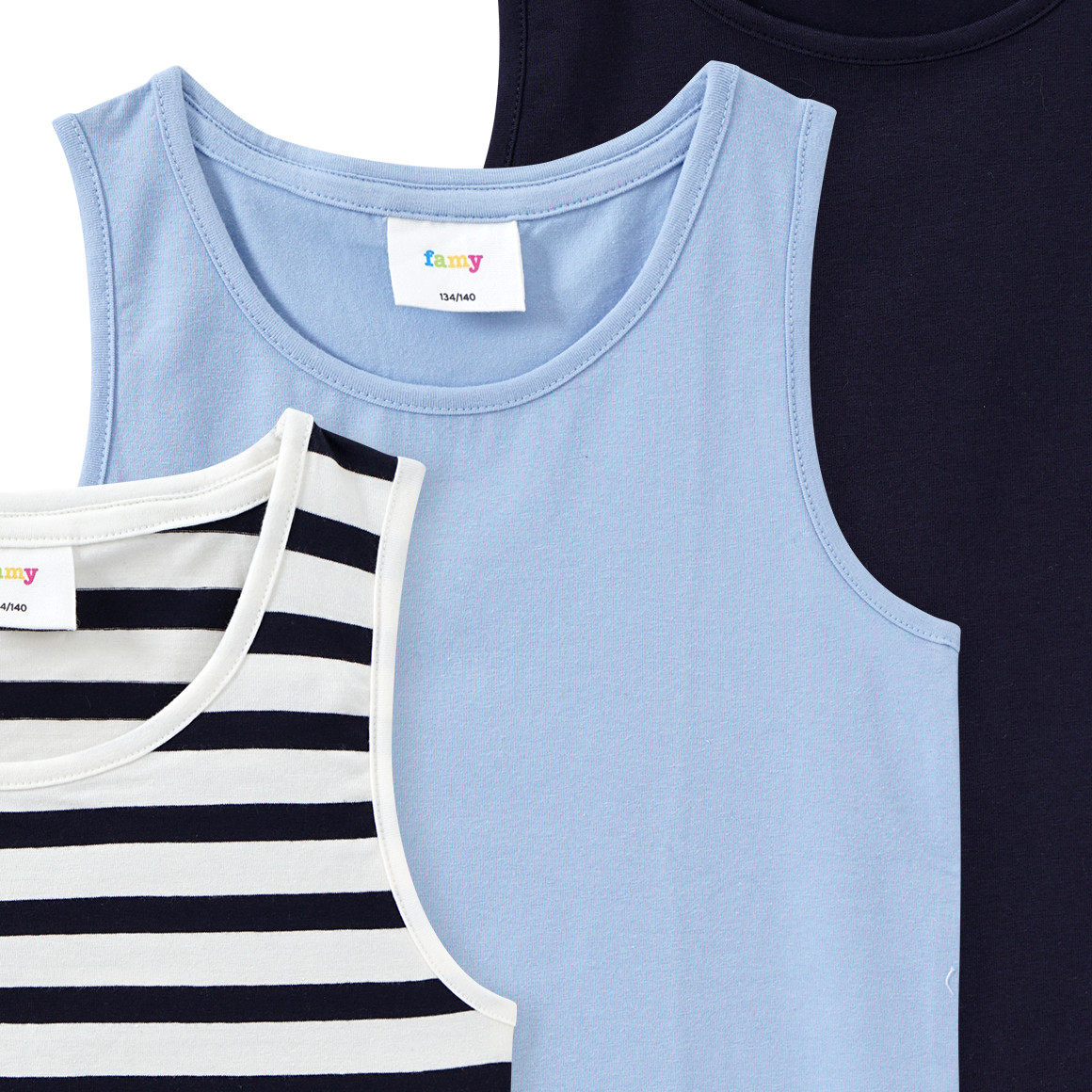 Famy 3 Mädchen Tops im Basic-Look hellblau / dunkelblau / weiss