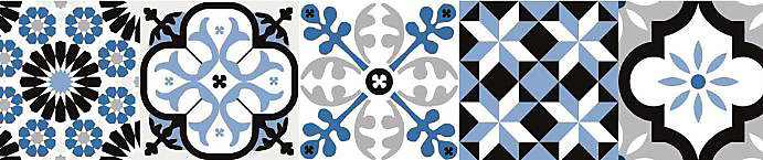 6 bandes adhésives motif Azulejos L.4,8 x H.195 x l.0,4cm - bleu et noir