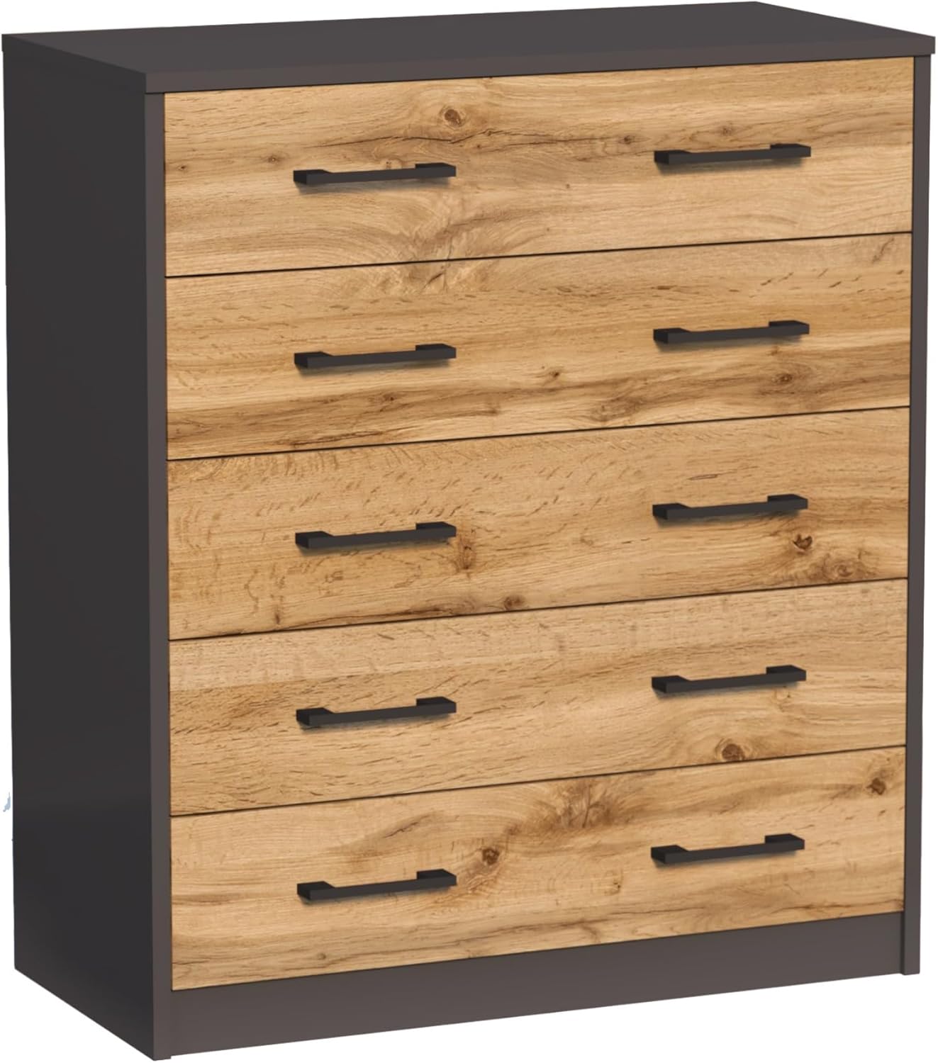 Home Collective Kommode mit 5 Schubladen mit Matter Oberfläche, 74cm breit Holz Schrank Kommode mit Schubladen Sideboard Highboard Anrichte Schlafzimmer Wohnzimmer Flur Büro Organizer Graphit Eiche