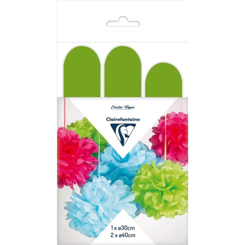 PAPIER DE SOIE, Set de 3 pompons à suspendre Ø30x1 et Ø40x2 - Vert