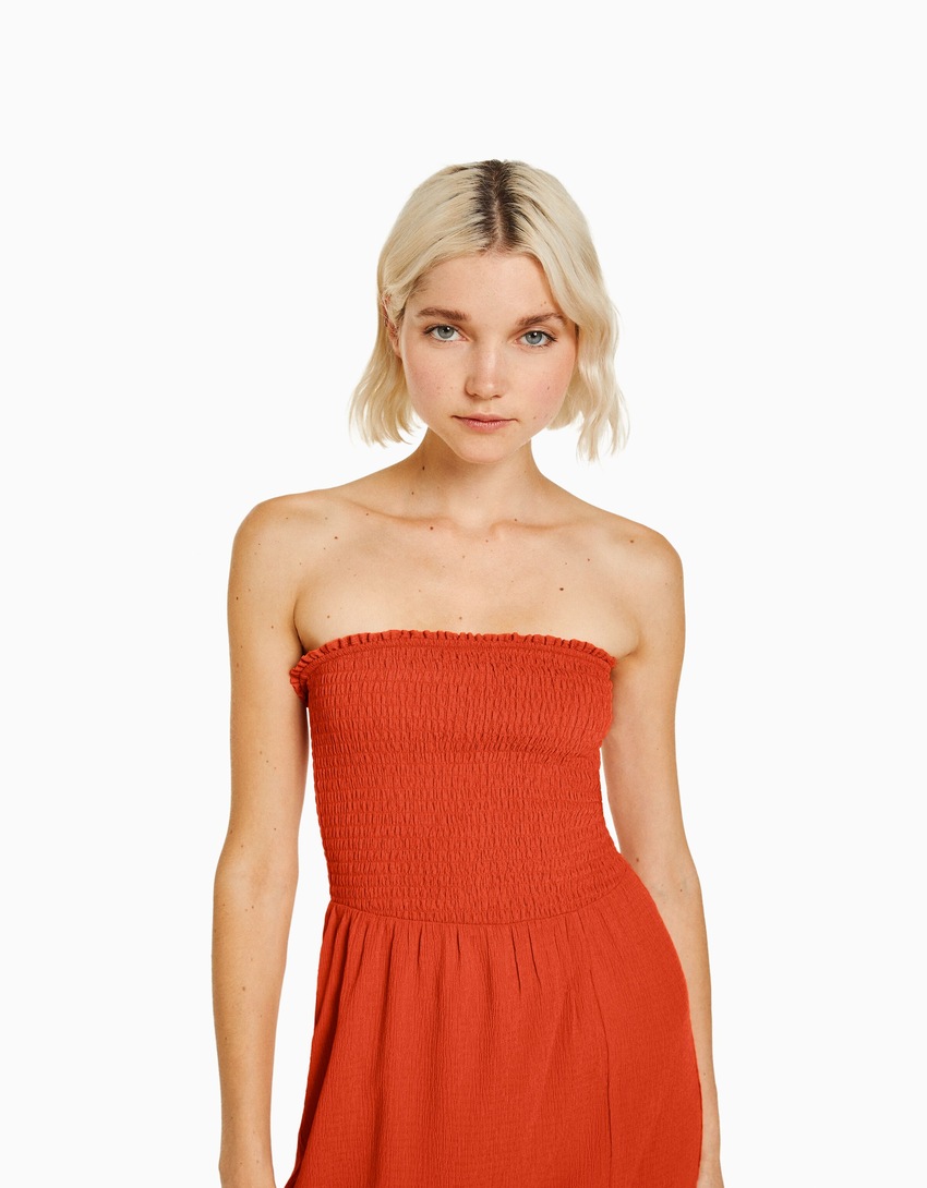 Vestido longo bandeau com franzido
