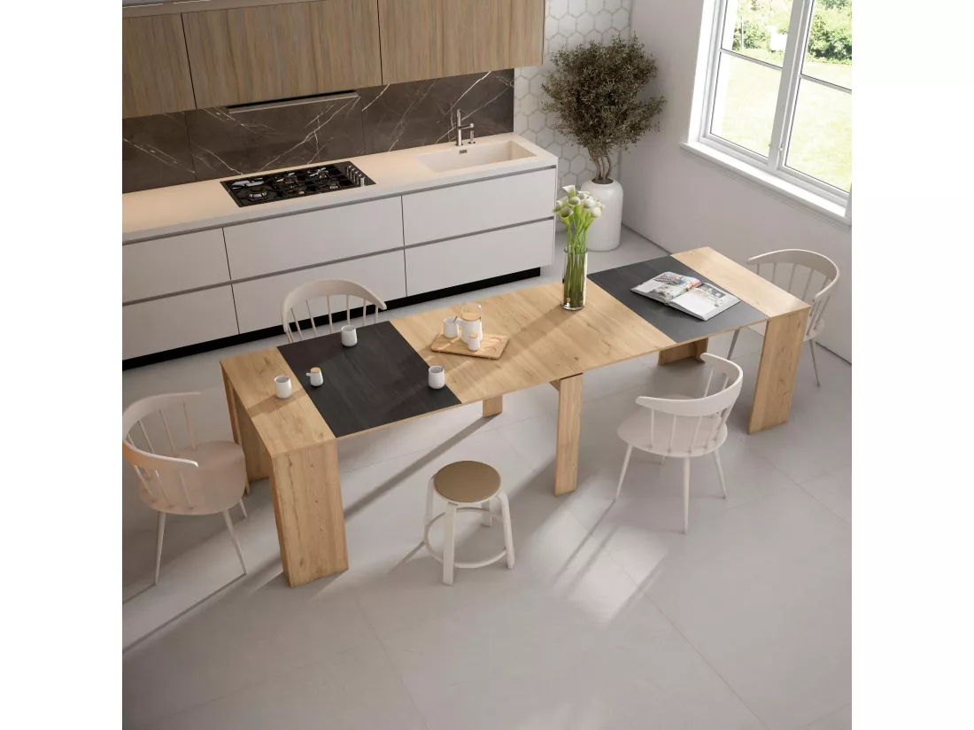 Table console extensible, 300, Pour 14 personnes, Table à Manger, Chêne et noir