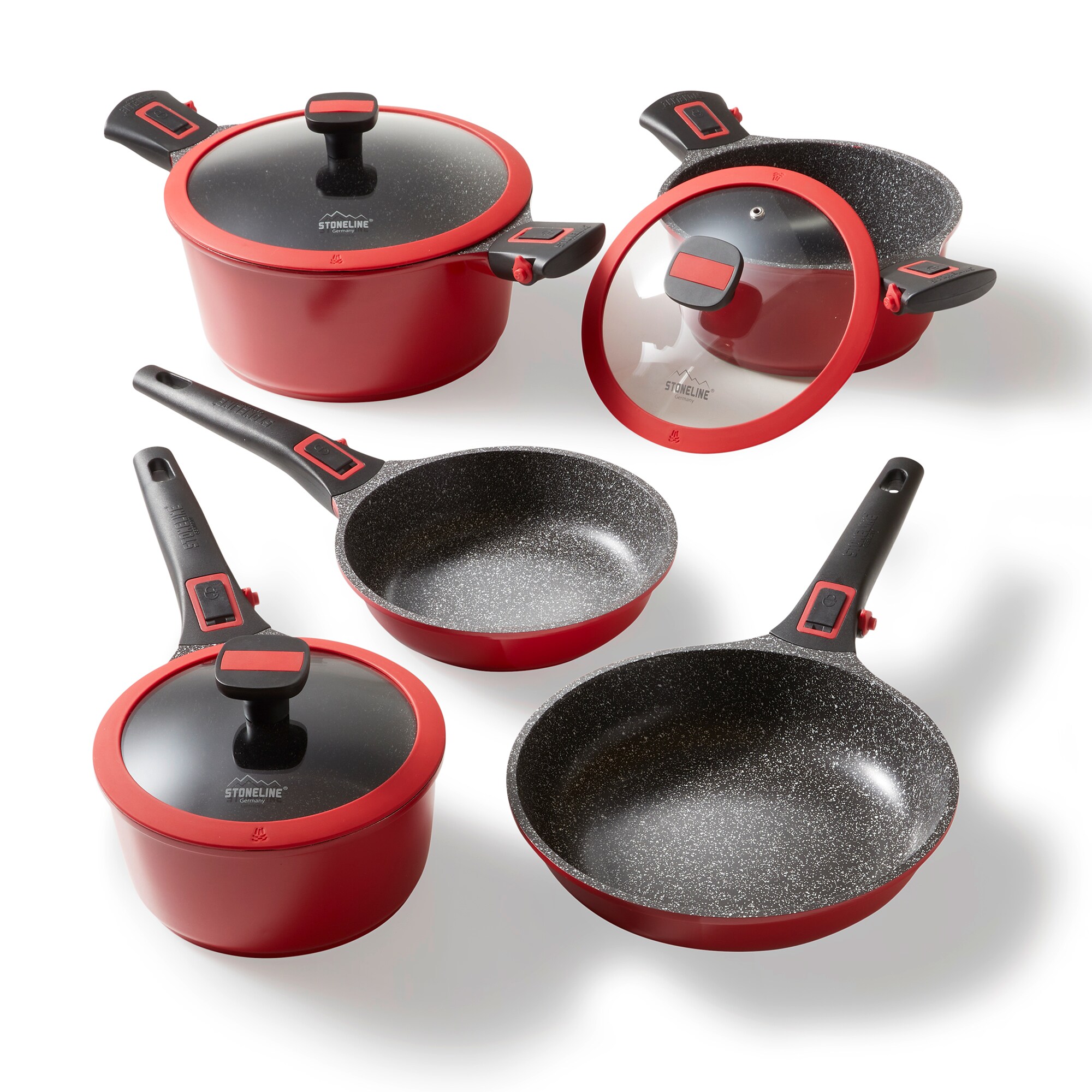 STONELINE® Imagination PLUS Kochgeschirr-Set, 8-tlg., mit abnehmbaren Griffen, rot