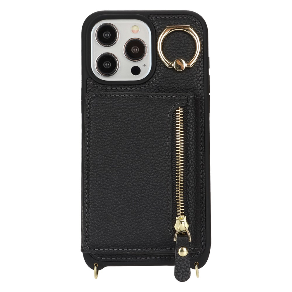 iPhone 14 Pro Max Necklace Leder Hülle mit Münzfach und Kartenfächer   Finger Griff Halterung   Handykette - Schwarz
