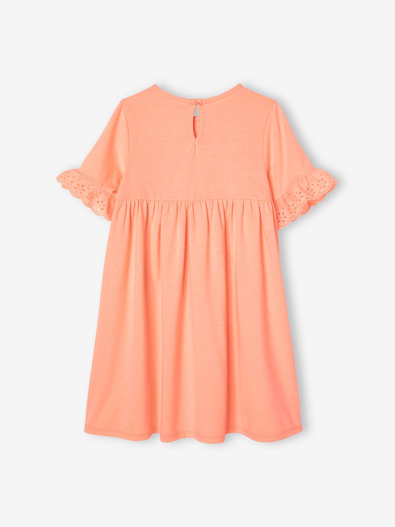 Vestido curto de manga curta com bordado inglês cor pêssego para meninas
