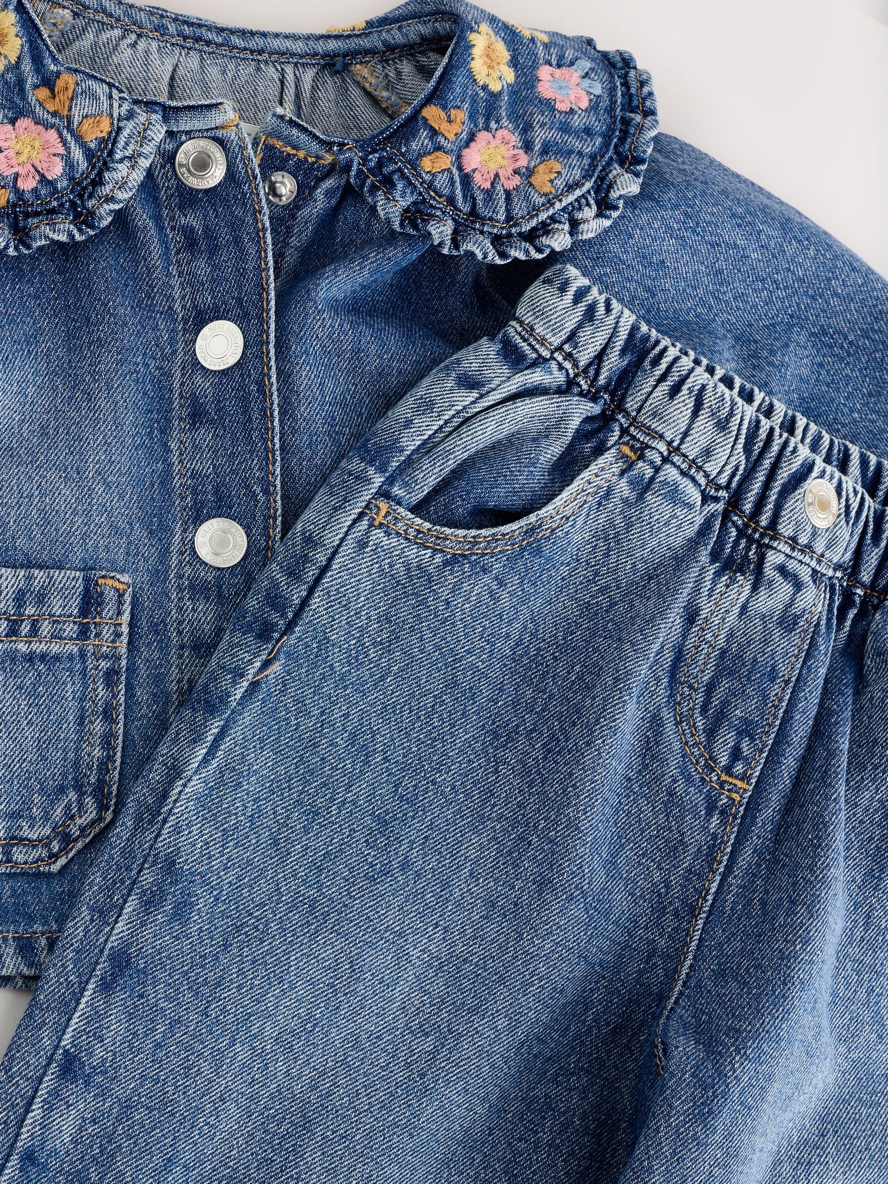 Denim - Set van wijde pijpen jeans en jack met bloemenborduursel (3mnd-7jr)