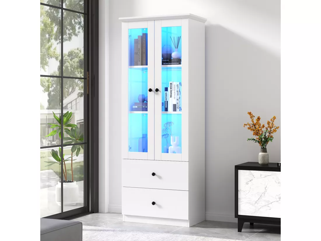 Vitrine avec 2 portes et 2 tiroirs - 60 x 36 x 165 cm - LEDs - Etagères réglables - Panneau de particules + MDF - Blanc